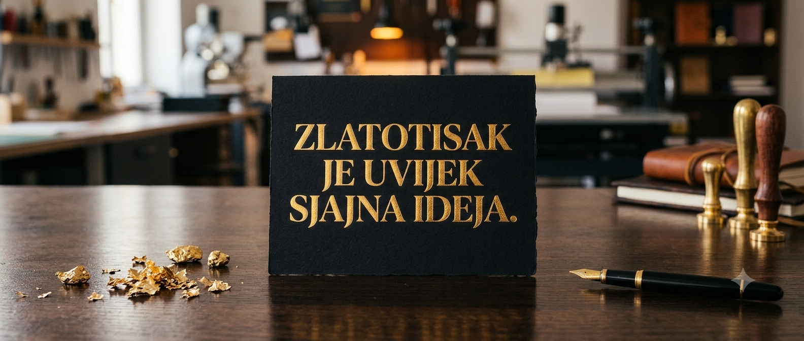 Crna tiskovina s otiskom zlatne folije: Zlatotisak je uvijek sjajna ideja — na radnom stolu tiskare